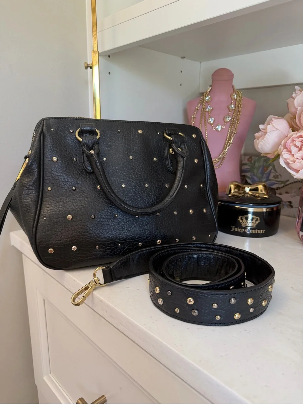 Juicy Couture EUC Black Leather Studded cross body Satchel with Gold Accents